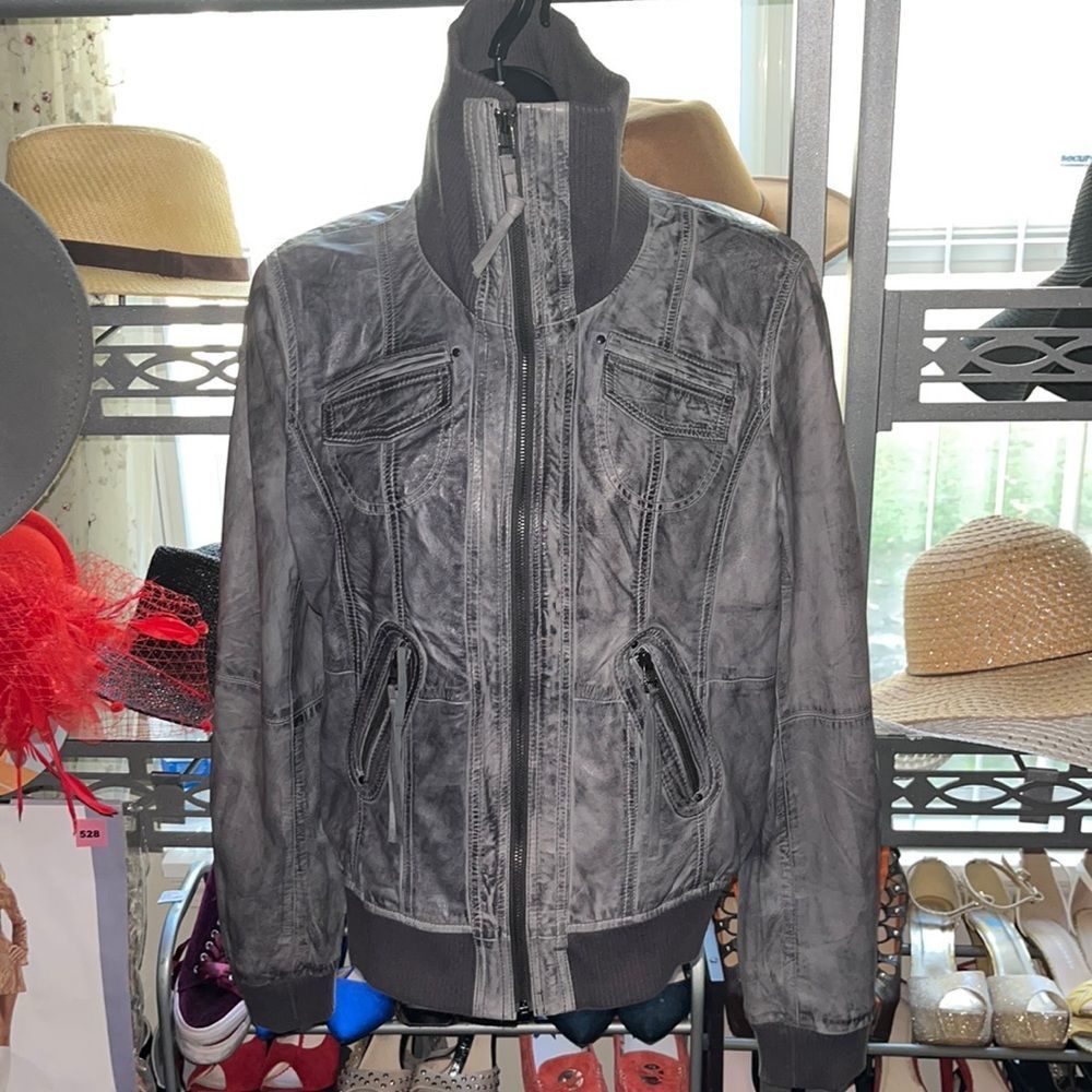 MP BLACK METRO PARK grey distressed jacket Size L vintage 100% SHEEP LEATHER